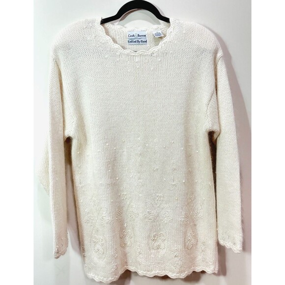 VTG 90s Croft Barrow Hand Knit Chunky Sweater sz M Ivory Ramie Angora Beaded Y2K - Picture 1 of 16